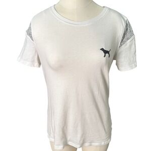 PINK Y2K Victoria's Secret White Sequin Dog Logo Gray Shoulder T Shirt XS‎